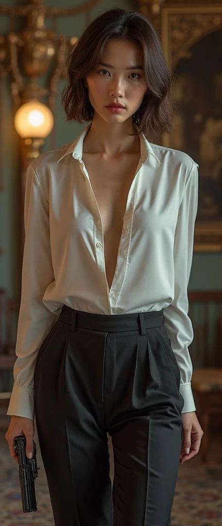 Best quality, masterpiece, ultra high res, (photorealistic:1.7), raw photo, beautiful woman, she is lawyer, short light brown (almost blonde) bob hair, (small boobs:1.3), sexy body, sitting in coffee shop, she is happy, ((long sleeved white shirt, black skirt)), looking at viewer