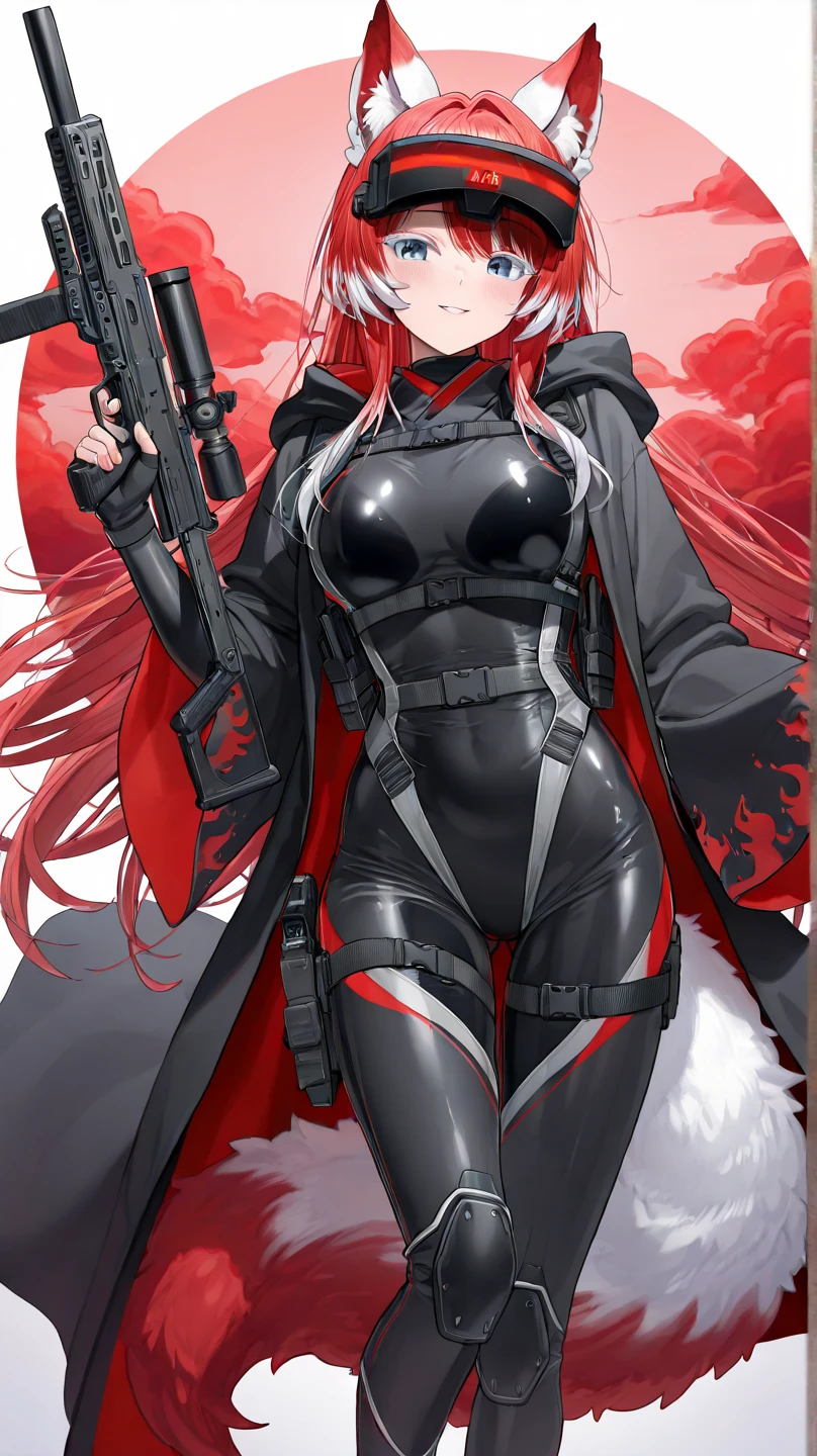A redhead girl, red eyes, busty, firm thighs, beautiful body, Long hair, black combat suit, Black mask,2 katanas sheathed on his back and an assault rifle in his hands.