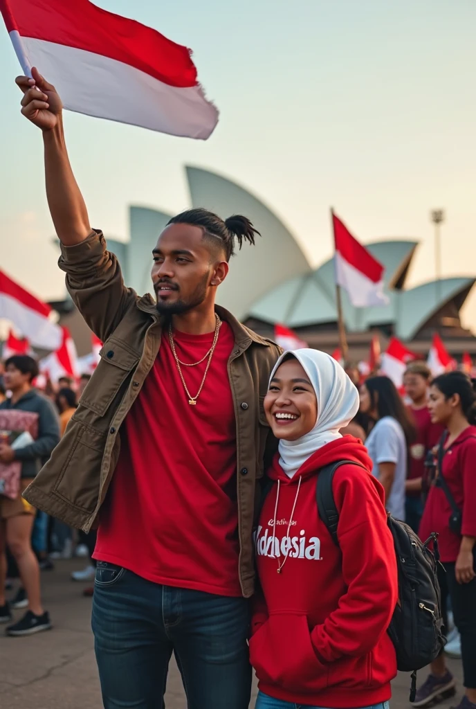 very high quality photo, an independence scene, a woman wearing a hijab from Indonesia is with a man wearing glasses wearing a red and white hoodie carrying a flag posing on the side of a city street, full body, realistic, cool visual effects, looks real and perfect, UHD 64K, very sweet