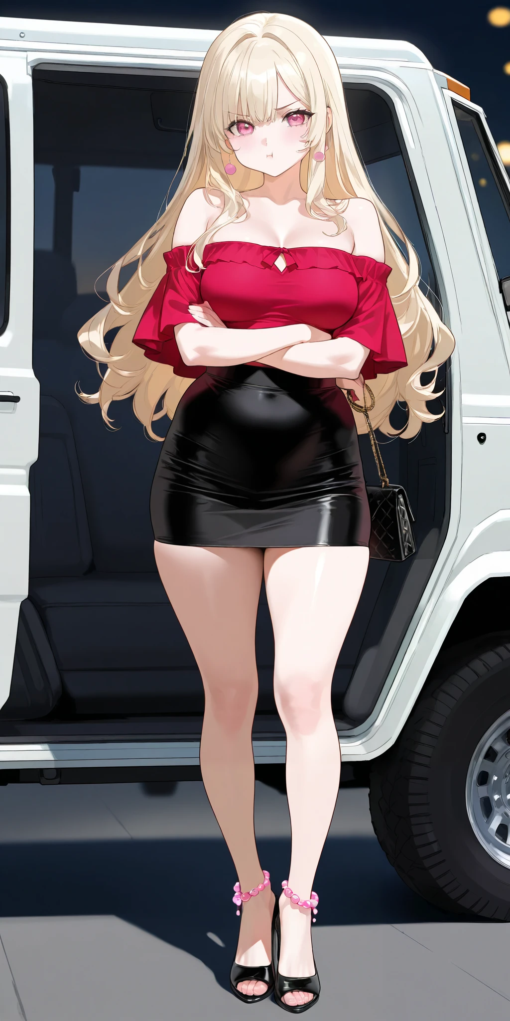 An extremely beautiful woman with blonde hair styled maturely. She has extremely fair white natural skin, big pink eyes, big plump candy-red glossy lips, medium breasts, and a perfectly slim voluptuous sexy tempting body. She's only wearing a red off-shoulder top, a revealing sexy mini-short black skirt, feet anklets, and black heels. She's standing straight, cute pout, arms crossed, carrying a purse, and a big jeep in the background. Show her full body.