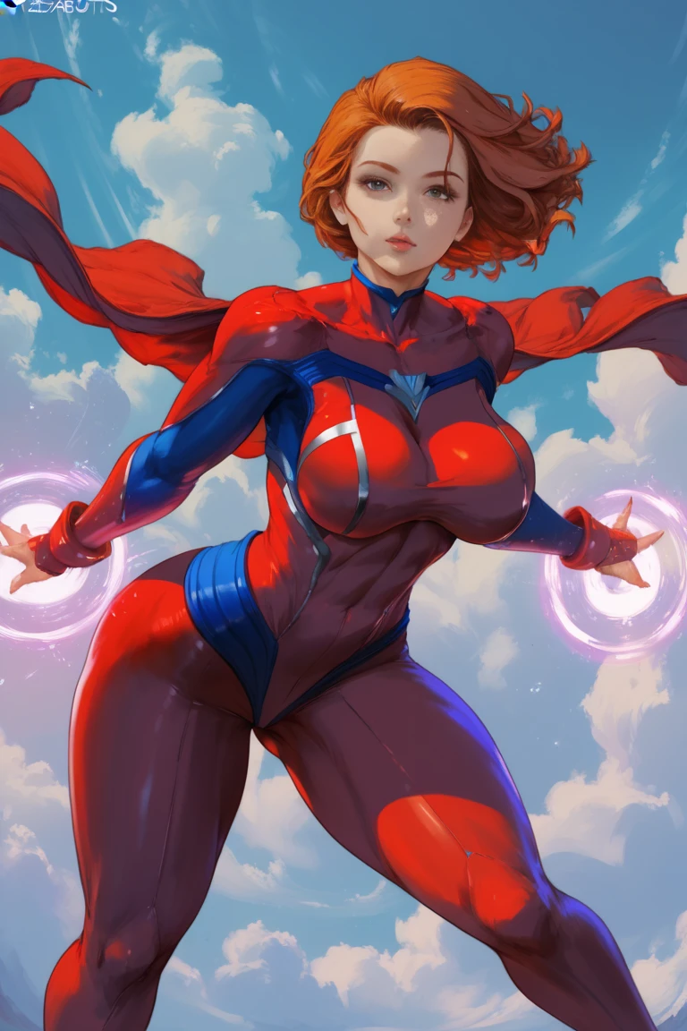 Ginger hair, pink superhero costume. Flying in the sky. Atom Eve from Invincible, curvy voluptuous woman, big breasts, thick thighs, Cutesexyrobutts style, 8K, high resolution, masterpiece, ultra-detailed, realistic, photorealistic, HDR, studio lighting, extreme detail description, professional, vivid colors, detailed facial features, seductive expression, dynamic pose, glowing energy effects, futuristic sci-fi setting, advanced technology elements, cinematic lighting, dramatic shadows, neon-infused colors, atom Eve, superhero