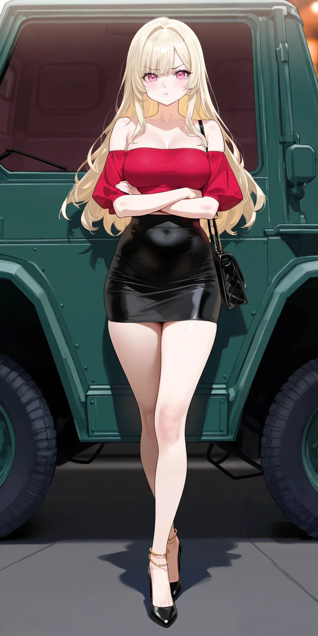 An extremely beautiful woman with blonde hair styled maturely. She has extremely fair white natural skin, big pink eyes, big plump candy-red glossy lips, medium breasts, and a perfectly slim voluptuous sexy tempting body. She's only wearing a red off-shoulder top, a revealing sexy mini-short black skirt, feet anklets, and black heels. She's standing straight, cute pout, arms crossed, carrying a purse, and a big jeep in the background. Show her full body.