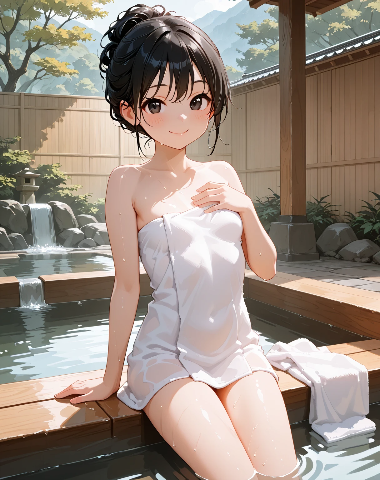 (masterpiece:2.0), (top-quality:2.0), (standing naked in the hot spring:1.5), (white Tube top extremely short bath towel:1.5), (super sexypose:1.5), (blushed face:1.5), (hide crotch with hand:1.4), (hide chest with hand:1.4), (Spilling boobs:1.5), (realistic:1.5), under the boobs, side boob is visible, naked, 1 little girl, precise small hands, Embarrassed look, light smile, Look at me and smile, extremely cute girl, innocent face, young face, Clear eyes, Shining eyes, small breast, shoulder is visible, Tummy is visible, cleavage of the breast is visible, stomach is visible, the lower abdomen is visible, The buttocks is visible, The crotch is visible, No pubic hair, dynamic posing, The beautiful skin, ultra-definition, Top resolution, japan high school student, brown hair