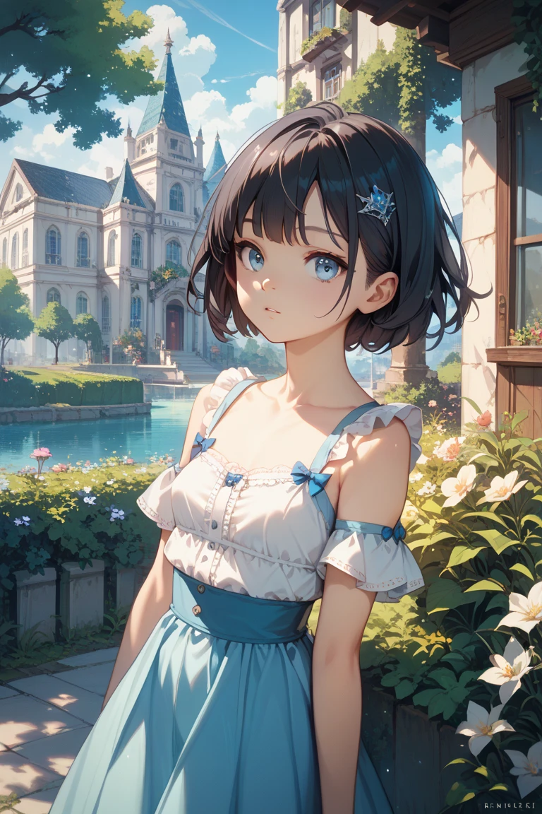 solo,looking at viewer,sitting, Russian, brown hair, open forehead, very short curly hair, lady's swimsuit, medieval Europe, fountain, gothic design pool, garden of an aristocratic mansion, summer sky, playing in the water,