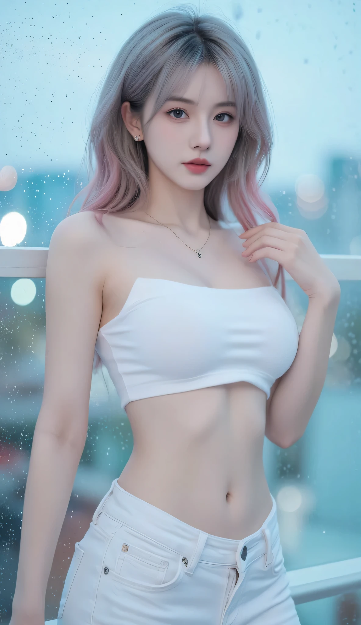 ( masterpiece, Highest Quality:1.2), 8,000, 85 mm, original photo, Seductive and confident, white and teal theme, Pink dyed gray hair, Delicate and youthful girl, Upper body shot, Close-up face , Smooth and fair skin, looks at the audience, HDR, clear focus, particle effect, Twilight Sky , small eyes and face , Brightly colored yet simple background, earrings, necklace, Visible collarbone, Korean-style waist-length curls, exquisite curves, Thin Hips , full breasts , Tight white crop top,Clear abs, Low-rise skinny jeans, Perfect Nails , light brown eyes, Lovely and beautiful appearance,Highly sexy, Korean Aizu Aesthetics.