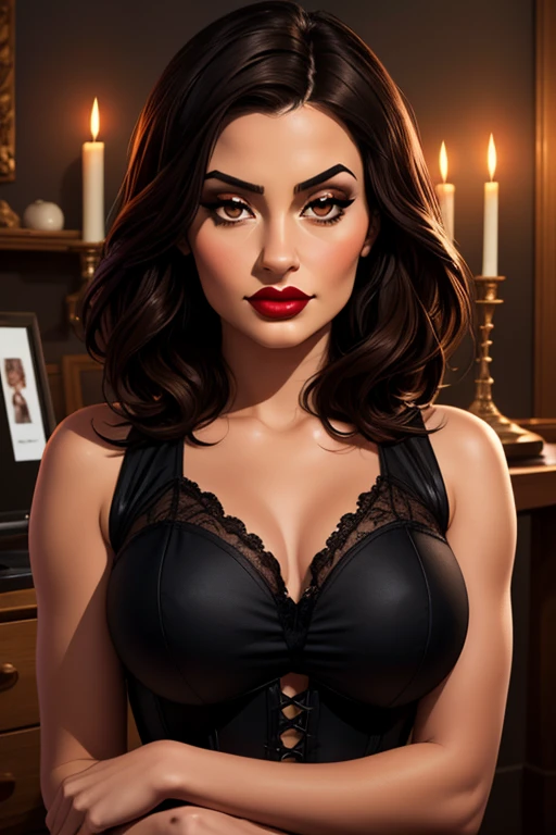 A beautiful woman with long black hair, wearing a large strap-on dildo, 1girl, detailed facial features, seductive expression, femme fatale, high fashion style, dramatic lighting, cinematic composition, vibrant colors, photorealistic, 8k, hyper detailed, masterpiece