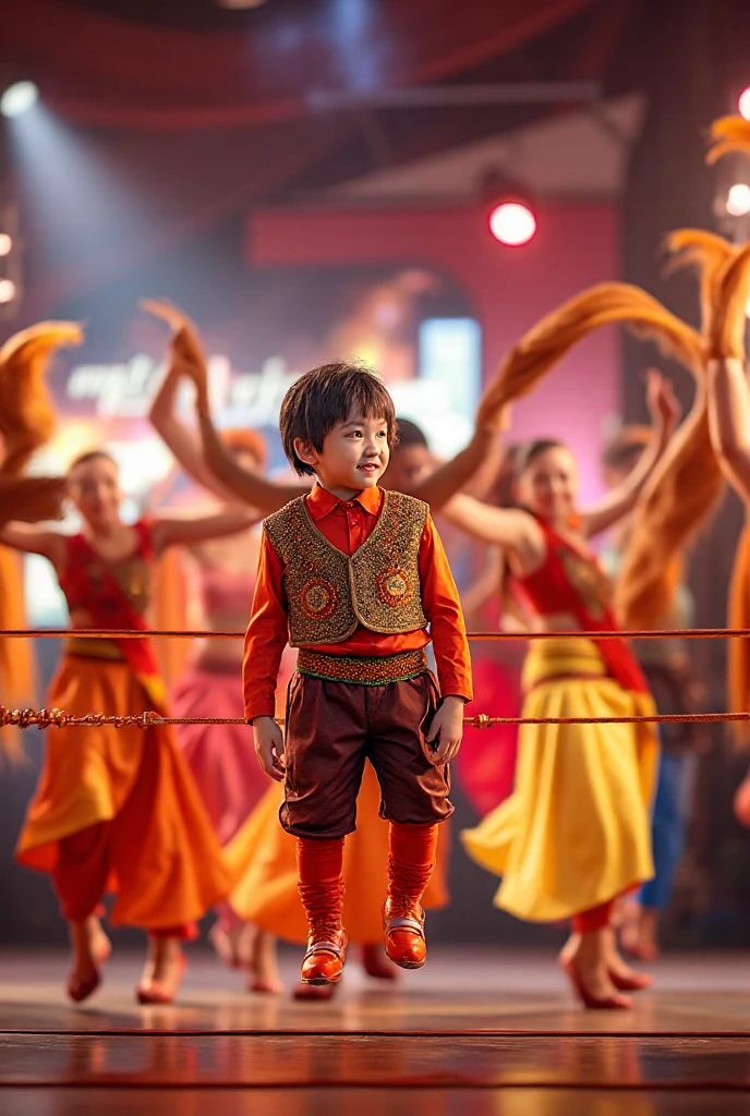 a boy dancing and singing in a show, the theme is royalty and there are a lot of people in this show, and there are backup dancers, Futurism, Surrealism, sparkle, glowing light, UHD, super detail, 4K