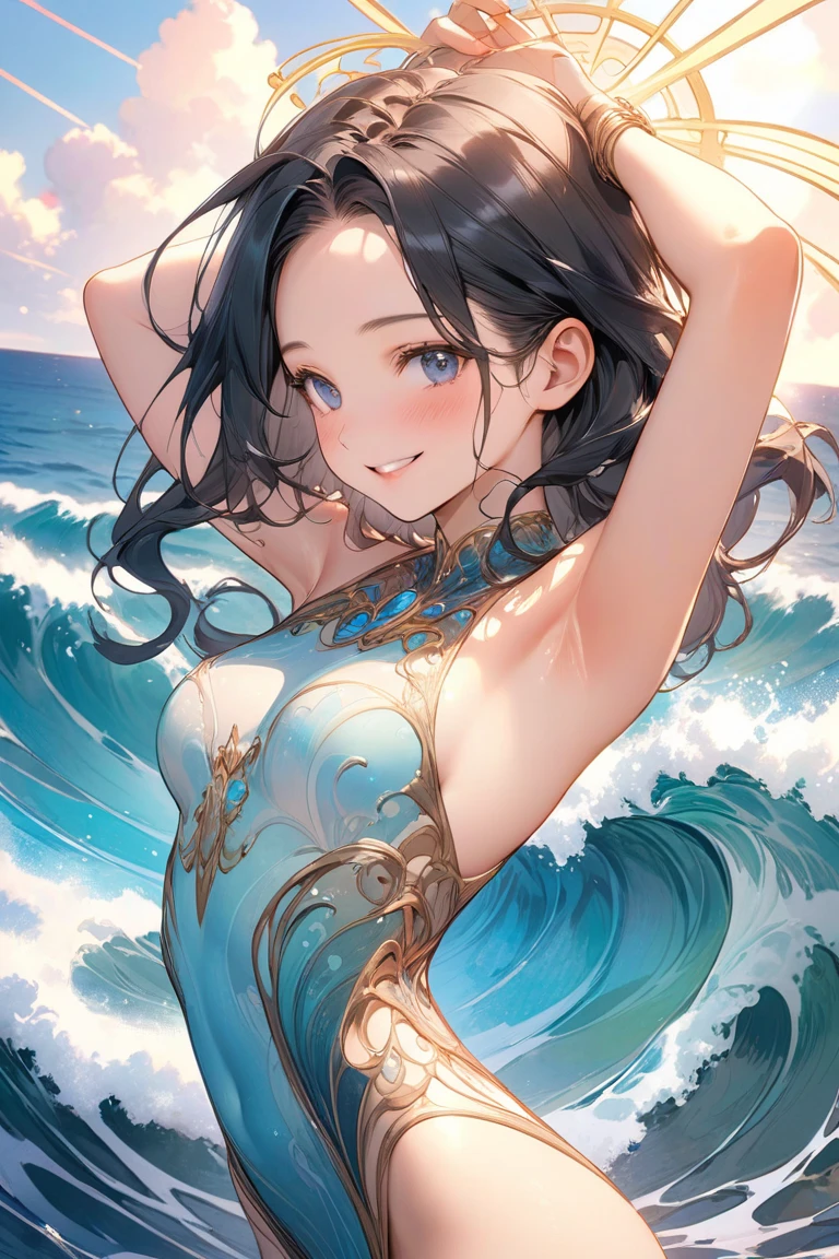 a portrait of a bride surfing the waves, on a sunny day in ocean, an exotic beautiful bride, ((anatomically correct: 1.5)) ultra detailed face, dynamic hair color, dynamic hair style, dynamic skin complexion, (best detailed face: 1.5), busty wearing intricate, elegant bride's dress, glamour bride dress, barefoot, she is surfing an (surf board: 1.3) she surfs a massive wave, sunny day, sun rays, some clouds, wavy ocean background, vibrant, Ultra-high resolution, High Contrast, (masterpiece:1.5), highest quality, Best aesthetics), best details, best quality, highres, 16k, (ultra detailed: 1.5), masterpiece, best quality, (extremely detailed) RAW, (ultra details, Masterpiece, best quality), Dark Art Painting Style, ba11g0wn, Cinematic Hollywood Film
