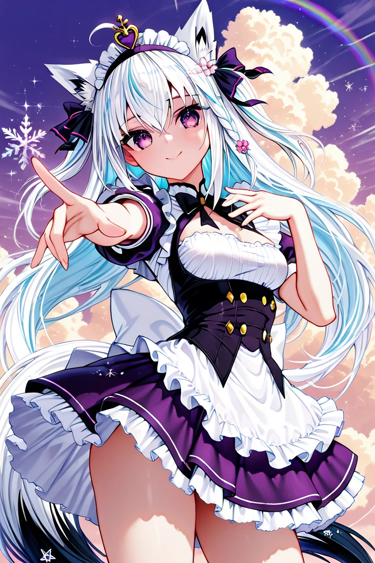 Highest quality,Highest Resolution,Beautiful girl with a rainbow-colored bunny girl smile,Bedroom,High leg,Thigh-high stockings,Night view outside the window,whole body,front,