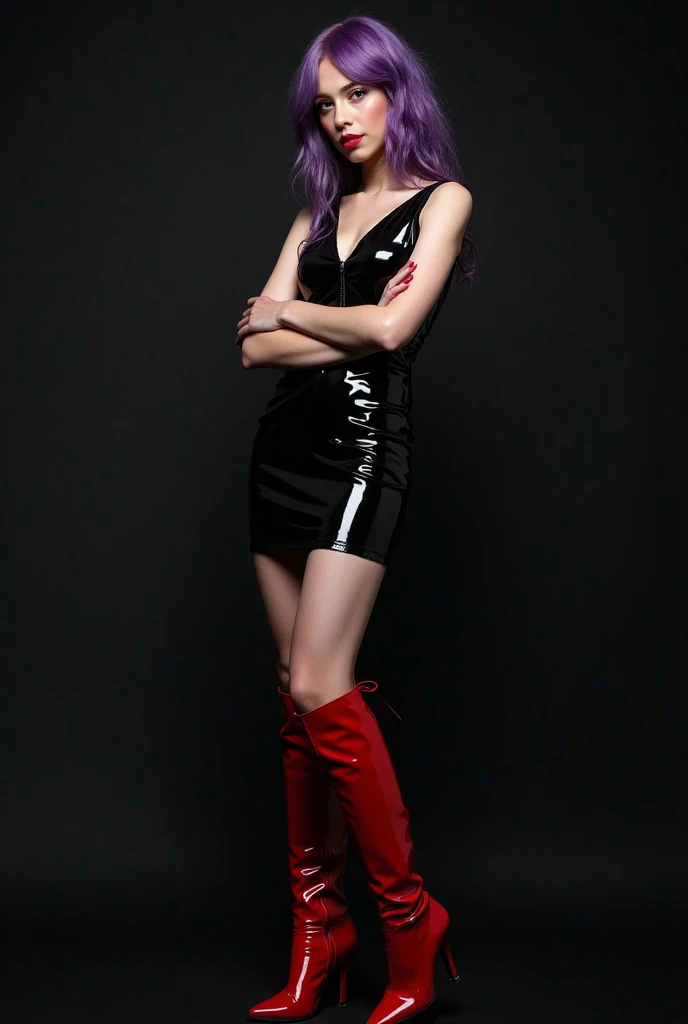 Ayane, purple hair, red eyes, (best quality, ultra-detailed), (realistic:1.37), beautiful and detailed face, ultra-realistic texture, delicate face, delicate body, red lipstick, long-lasting colors. high definition, 8K. expression with a sexy look