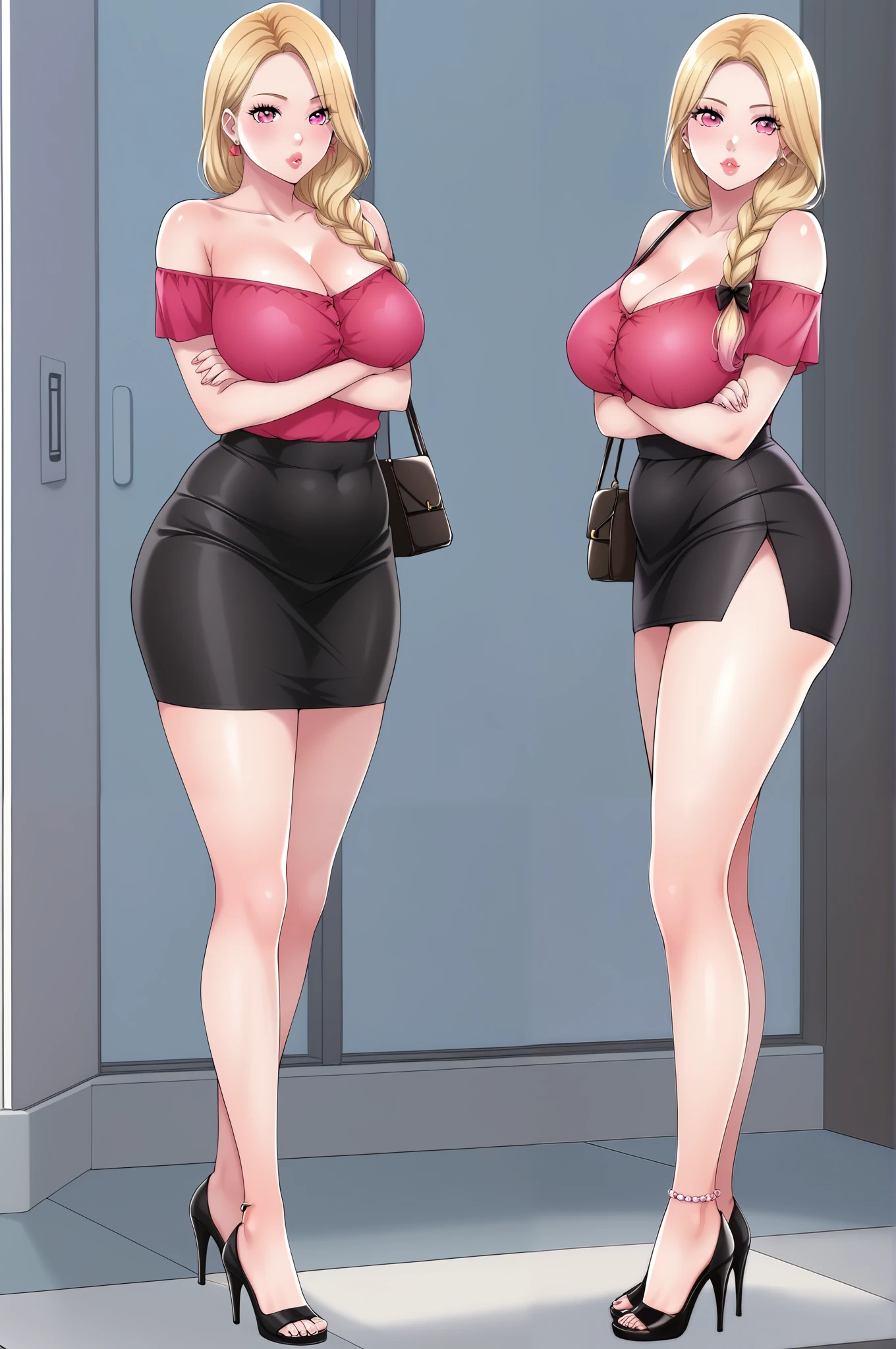 ((thick body mature women age 35 American milf super model)) 2women, study couch, topless apron and panties, (((lift skirt show panties, standing, surprised happy expression, multiple manga panels, panels of panties spread legs))), high heels