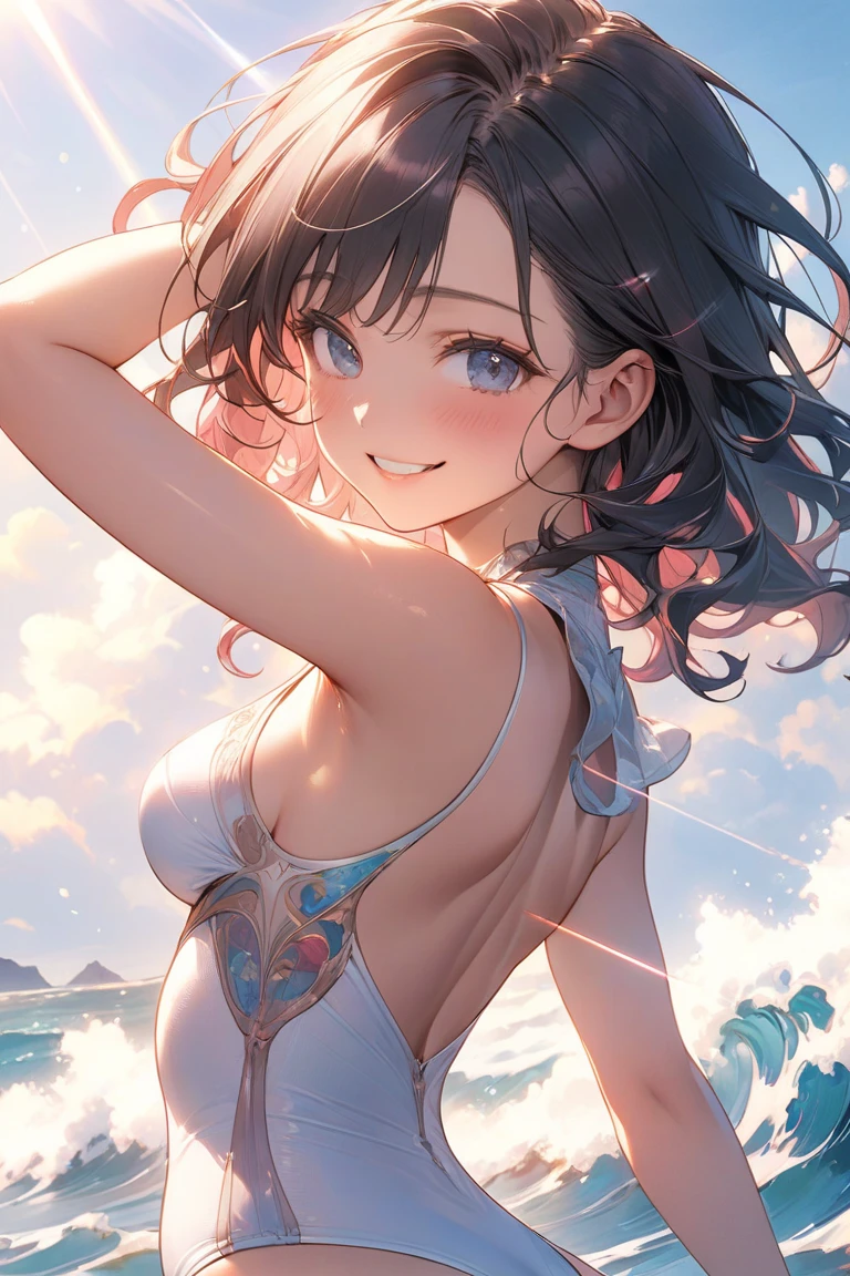 (Highest qualityのイラスト:1.2), (pretty girl:1.1), (1 girl、17 years old、Highest qualityのイラスト:1.2), (1 girl、smile、Small breasts、Very detailedな目:1.2)、Brown Hair、short hair、Wavy Hair、Curly Hair、Low Twintails、(Highest quality、Very detailed、Very detailed and beautiful、Ultra-high resolution) 、summer、Ocean、Swimwear、Cowboy Shot