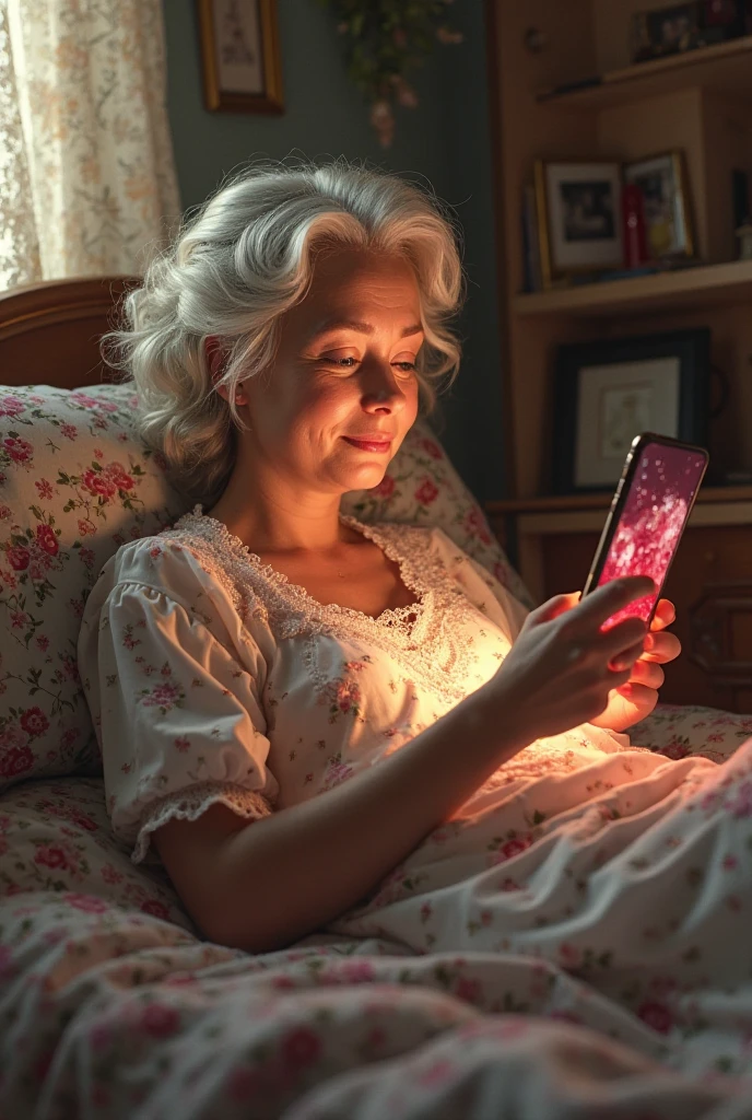 Generate a picture of a 44 year old lady with blonde hair putting on night dress, leaning on her bed and taking selfie