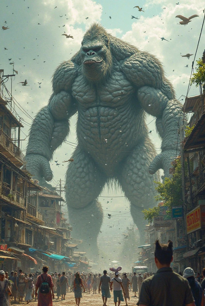 **Titan, the Giant Elephant:**
- A towering elephant with a human-like body looms menacingly over a small village. The elephant is enormous, with thick, wrinkled skin, tusks, and a muscular human torso. He has a kitty in hand
