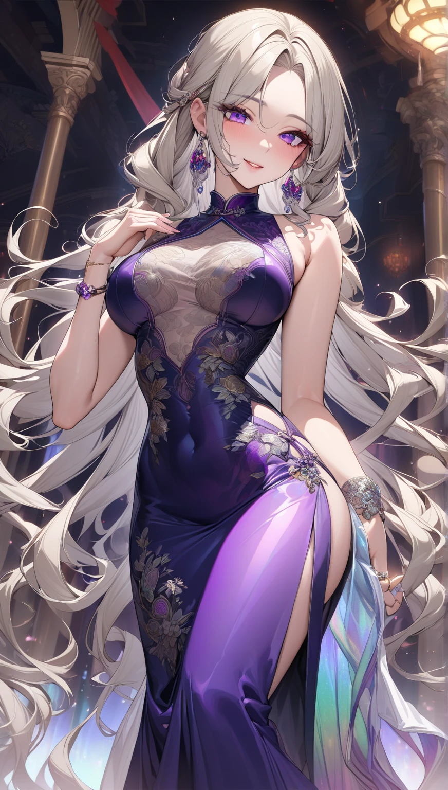 Raw photo,masterpiece,best quality,ultra-detailed,high resolution,extremely detailed CG,unity 8k wallpaper,official art,production art,novel illustration,caustics,textile shading,super detailed skin,perfect anatomy,detailed,cinematic lighting,dynamic lighting,beautiful detailed eyes,(shiny skin),sexy smile,(nsfw:0.7),(Purple Chinese dress:1.5), (small breasts), large buttocks, blonde, garter belt,Pretty eyes, long lashes, eye shadow, eyeliner,detailed eyes,beautiful eyes,behind viewer,back shot,hips focus,(side slit dress:1.5),