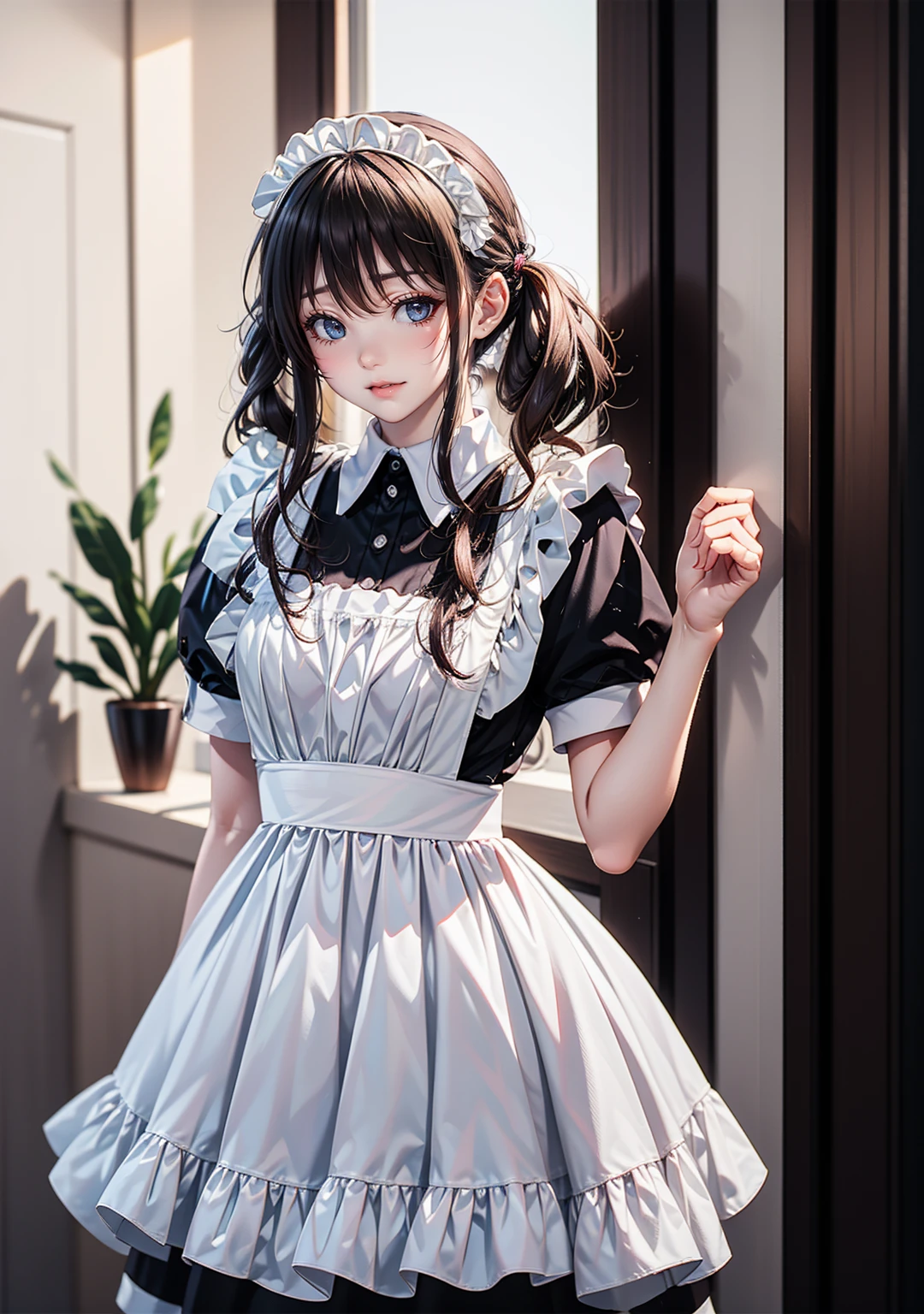 Innocence, Dark green hair, Twin tails, Put your arms behind your back, White Dress, Black waist tie, girl,blue eyes,