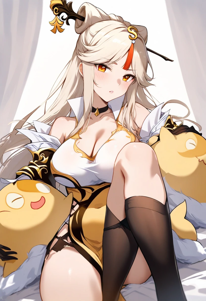 Elf, golden hair, hime cut, huge breast, thicc thigh, golden bunny outfit, deep cleavage, midriff open, golden string net, golden heels, sit, clear view,
