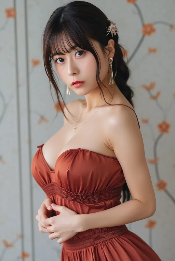 1.	Generate high quality and realistic females。
	2.	She is an Asian woman in her early 30s.、The skin is light in color。
	3.	Her straight, shoulder-length black hair、It is elegantly styled up.。
	4.	Her face is calm、She&#39;s wearing light pink lipstick。
	5.	She is wearing an elegant style red silk dress.、One-shoulder design exposes the back。
	6.	Behind her is a luxurious indoor party venue.、Gorgeous lighting illuminates her 7 Shiny accessories

