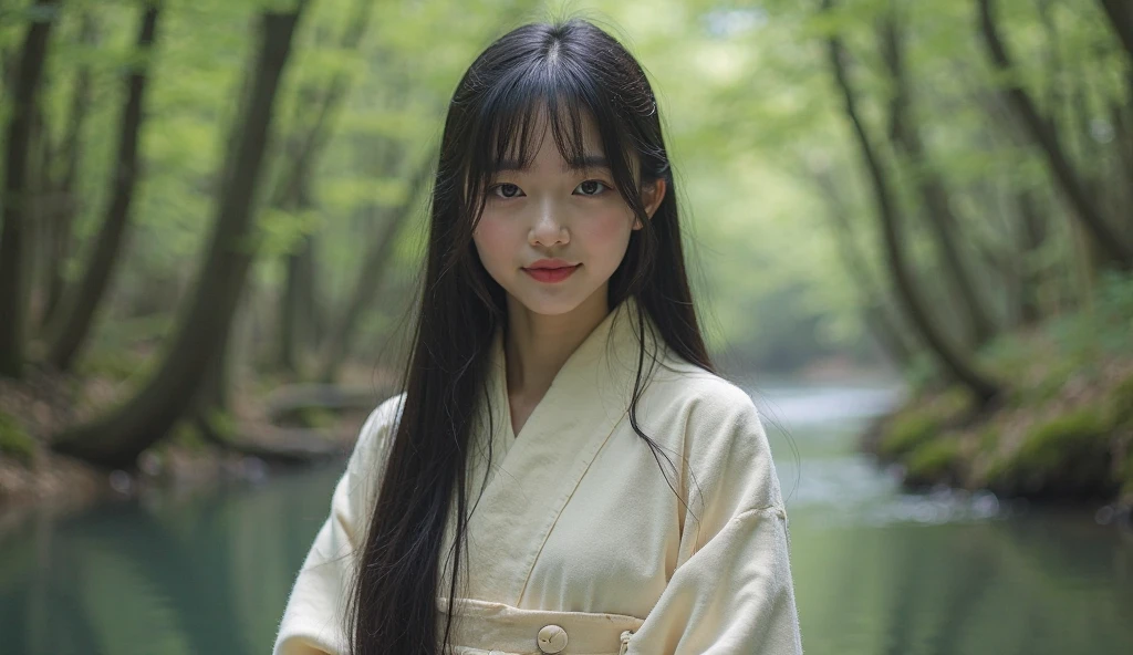 Masterpiece, คุณภาพดีatสุด, Close-up photo of Kikyo, 1 woman, alone, stand, brown eyes, long hair, Red hakama and white kimono, look_at_viewer, expressionless, on_body, ((ใบหน้าatมีรายละเอียด, ดวงตาatมีรายละเอียด:1.3)) ((Village Background:1.0))