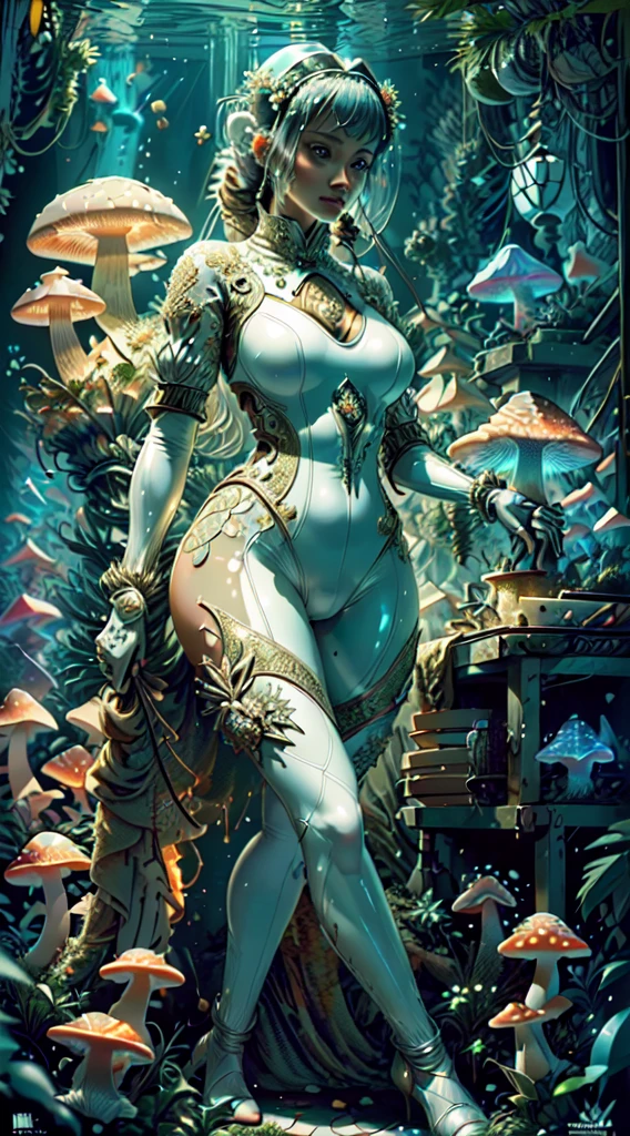((best quality)), ((masterpiece)), ((realistic)), (detailed), reflective luminous white:1.5, texture glossy orange:1.3, 1beautiful young woman with sticky jumpsuit (cameltoe), sexy, top to bottom photo, lots of glow neon mushrooms, mandalas, cinematic, sharp, ray tracing, brightness, luminosity