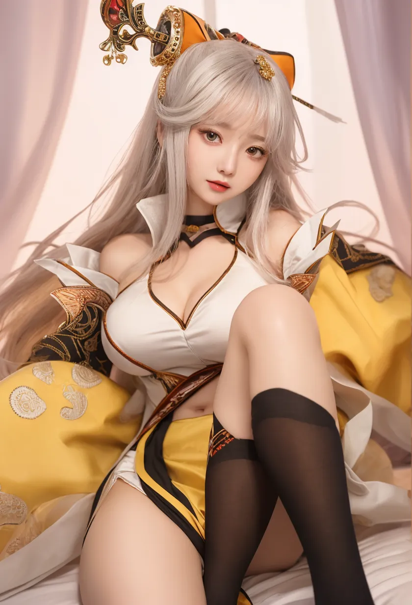 Kizi, korean people,Paw face,on top of the bed,Big chest,(Full-body image,Lie on an elegant bed,In the center of the bed,Half leaning on the head of the bed,Curved legs,Fair thighs exposed)delicated face,Sexy red lips smile, beautiful light up, deep shading, best qualtiy, tmasterpiece, 超高分辨率, Photorealsitic