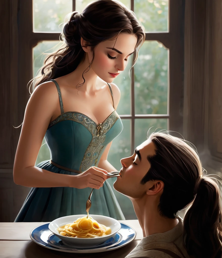 a beautiful young girl kneeling, a man standing in front of her with his pants down, the girl holding his penis in her hand and sucking it, hyper realistic, 8k, ultra detailed, realistic lighting, painterly, cinematic composition, dramatic lighting, warm color palette, dramatic shadows, intricate details, masterpiece, (best quality,4k,8k,highres,masterpiece:1.2),ultra-detailed,(realistic,photorealistic,photo-realistic:1.37),dramatic lighting,cinematic,warm color palette,intricate details,masterpiece