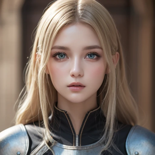 bright look、ponytale、young, sparkling, White and radiant skin、Best Look、The reflection of blonde hair、Platinum blonde hair with dazzling highlights、shiny light hair,、Super Long Silk Straight Hair、Radiant beautiful bangs、Radiant clear attractive big blue eyes、Very beautiful, dashing, Cute 16 year old girl、Lush bust,Beautiful detailed eyes, Beautiful detailed nose,(( s whole body:1.25)),Makeup emphasizes the eyes、((pleated skirt:1.3)),(Women like Joan of Arc:1.3)、(S armor:1.3)、knightage, (Equipped with a sword and shield:1.2)，Royal style，comic style, , Sub-surface scattering, Dazzling detail, Natural background, A hyper-realistic, films, with dramatic lighting, masutepiece、(Decorative armor)、(Wearing an aura:1.5)、CIRCLET、((Princess Knights))、Frild、