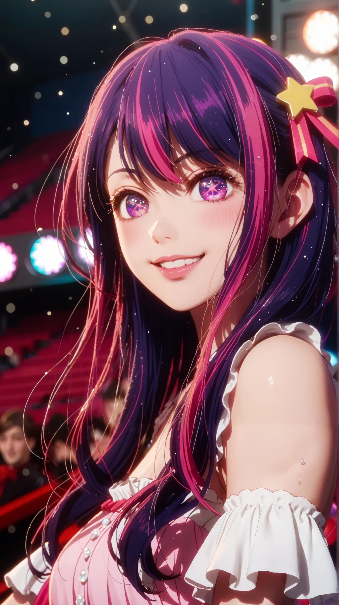 A hyper-realistic cinematic shot of Ai Hoshino, capturing her ethereal beauty and idol-like presence. She has long, silky pastel-pink hair with soft waves, cascading over her shoulders, and vivid, starry magenta eyes that radiate charm and mystery. Her delicate, symmetrical facial features include a gentle smile, subtly blushed cheeks, and flawless, porcelain-like skin with natural highlights. She is illuminated by cinematic soft lighting, blending warm golden tones and cool ambient hues, creating depth and atmosphere. The scene is set on a dimly lit concert stage, with neon backlighting and a blurred audience in the distance. Tiny particles of floating dust catch the light, adding a dreamy, almost surreal effect. Ai’s idol outfit shimmers—a luxurious blend of elegant black and violet fabrics, embroidered with delicate silver star motifs. The soft movement of her dress and the twinkle in her eyes evoke a sense of nostalgia and admiration. Shot with a Sony A7R IV, 50mm lens, f/1.4, ultra-detailed, 8K resolution. The camera focuses on her face with a shallow depth of field, creating a breathtaking bokeh effect with softly glowing stage lights in the background. Her gaze meets the camera, exuding both warmth and an enigmatic, almost melancholic aura. --ar 16:9 --v 6 --style raw --q 2 --s 750