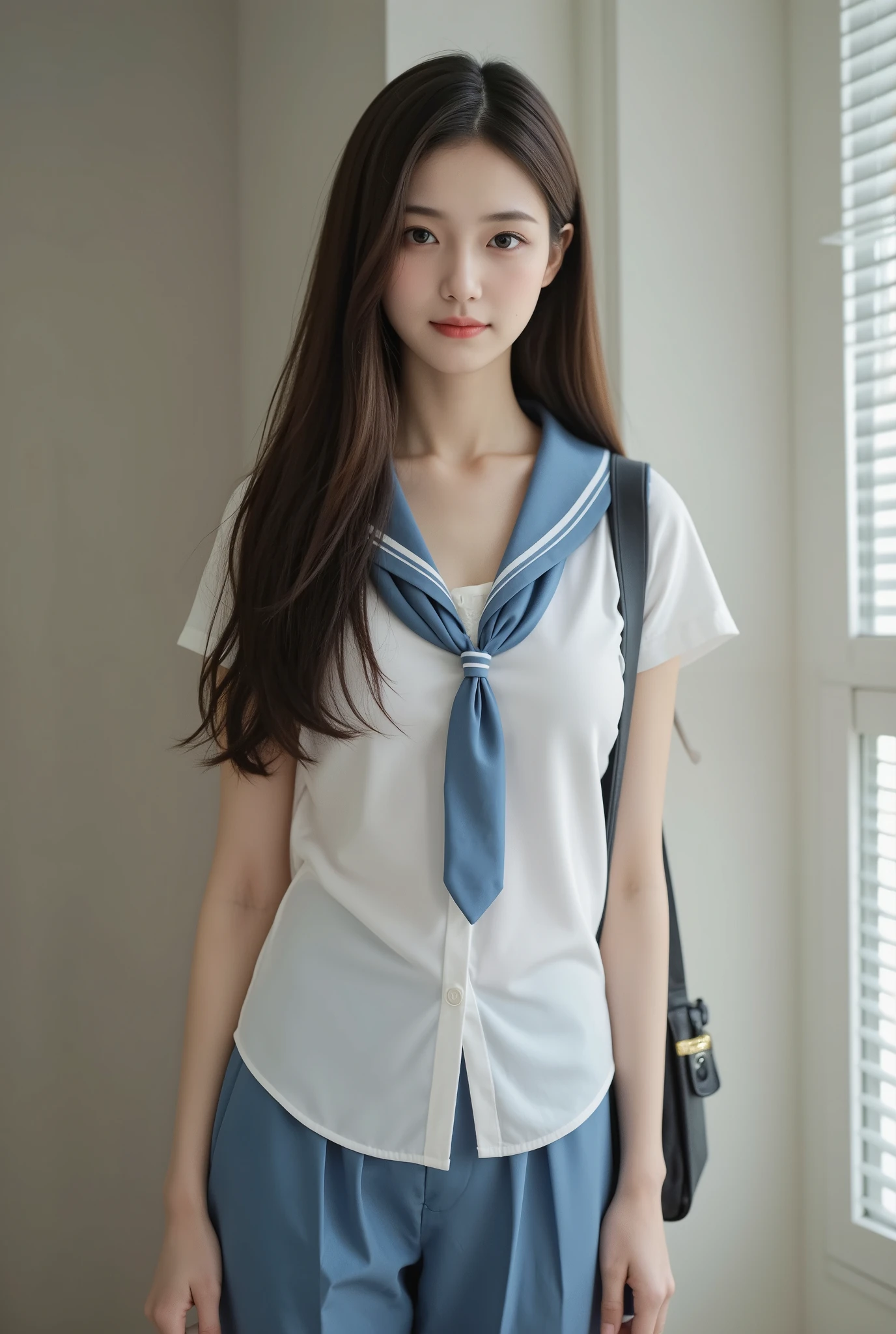 student girl korean cute face ((best quality)), ((masterpiece)), (detailed), perfect face, silk tight navy blue moncler puffer coat, seductive, face and body focus, medium breasts, casual clothes, silk blouse, pleated skirt, photorealistic, fluffy fur hood, photorealistic, photograph, shiny blouse, silk tie, background her home, out door