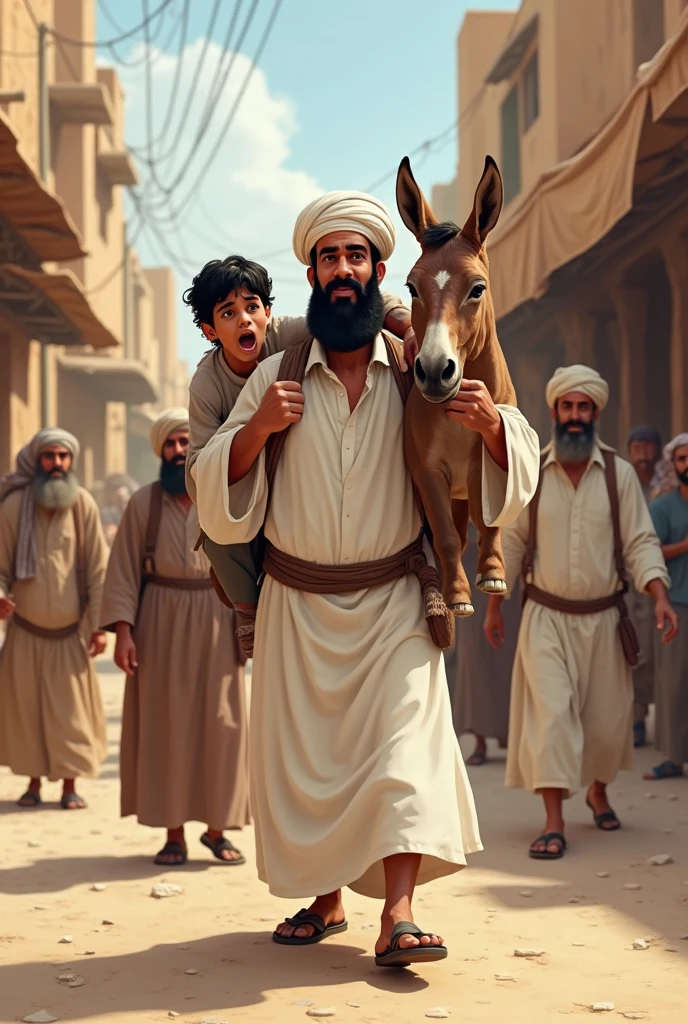 After traveled sometime a few women standing on the side of the road saw son on the donkey and Hasan is walking behind donkey. "Oh, the old man walks in. The little ??? is out in the ass. That's bad." Hearing this, Hassan sent Hany away, and when Hassan went out on his donkey and reached another place, a few young boys laughed in jest.
"Poor child. Who knows the pain of children?"