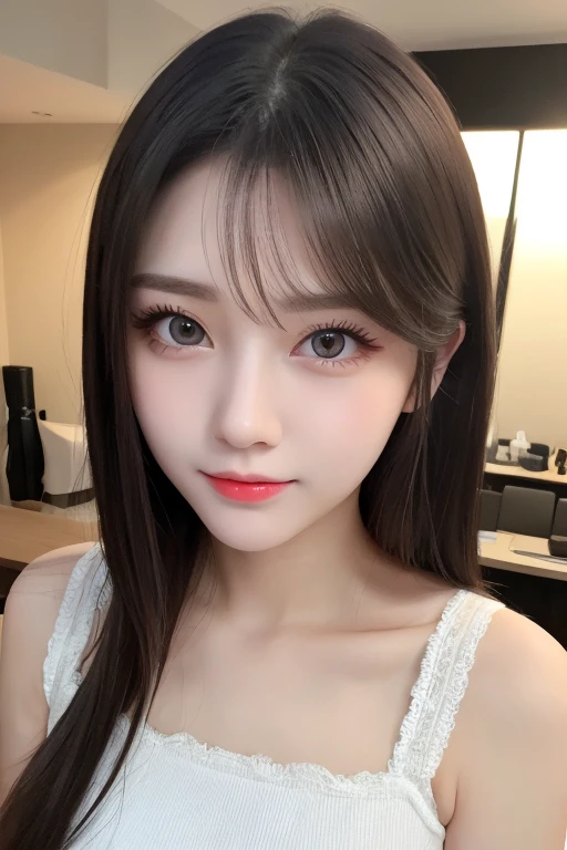 Tabletop, Highest quality, shape, Very detailed, finely, High resolution, 8k wallpaper, 完璧なダイナミックな構shape, Beautiful and detailed, Small breasts,Natural color lip, Bold sexy pose,smile、20-year-old girl、cute、sexy shot looking at camera,Always blur the background,Perfect and beautiful face,Photograph only the face,Beautiful and elaborate face、Slim face and figure,Big eyes、Putting on gal makeup,Actual Photos、Gal Fashion