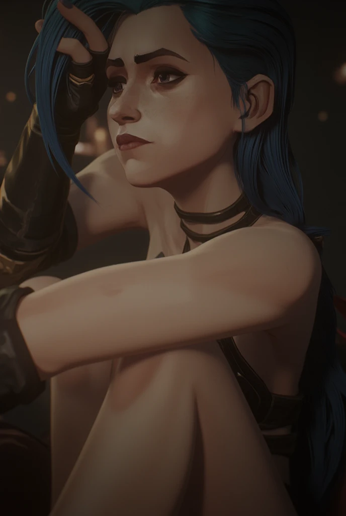 arcane, caitlyn, long blue hair, blue eyes, 1girl, solo, bangs, nude, naked, undressed, in a jail