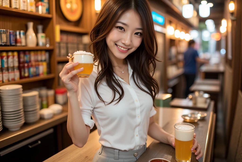 Highest quality,master piece,incredibly absurdres,high resolution,lens flare,a girl, one girl,solo focus,alone,dynamic angle,perfect anatomy,8k,a girl, one girl,solo focus,alone,messy bun,blonde hair,Japanese women,Age 25,beautiful,beautiful,smile,teeth,beautiful目,Model-like style,sexy,Large Breasts,button-down shirt,Background is a beer bar,Sitting and holding a beer,Food on the table,A pinch of sake,one girl