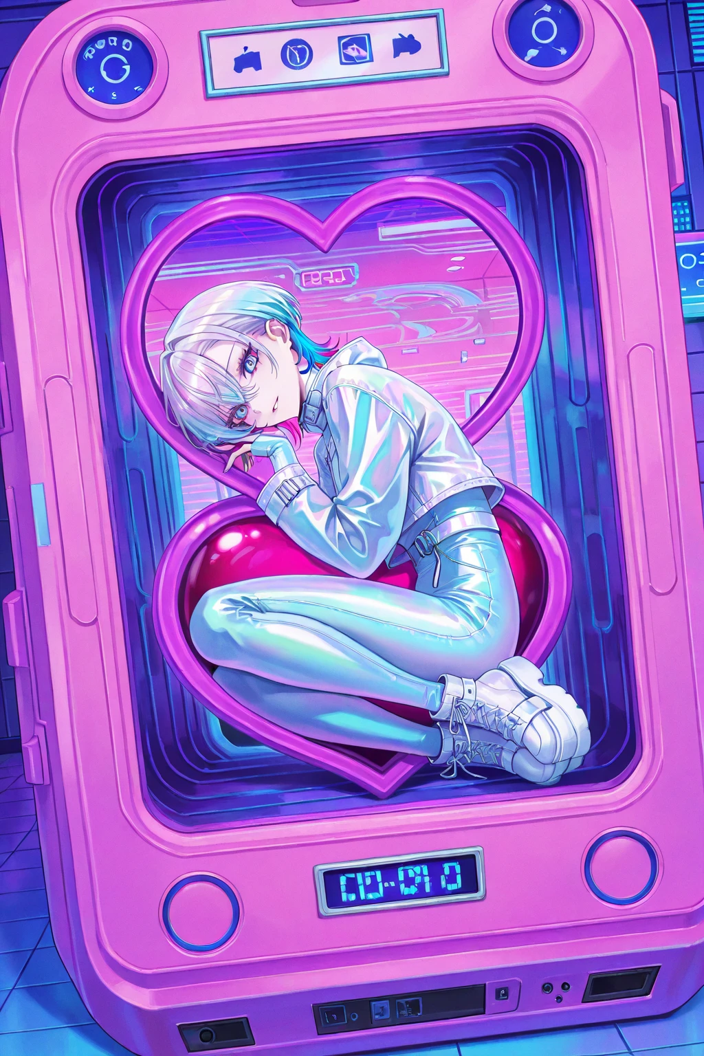 cool beauty, gradation color hair, slender body, sit inside Heart-shaped object , Japan exotic fashion, flight motif room, Vaporwave, girl inside Heart-shaped case,