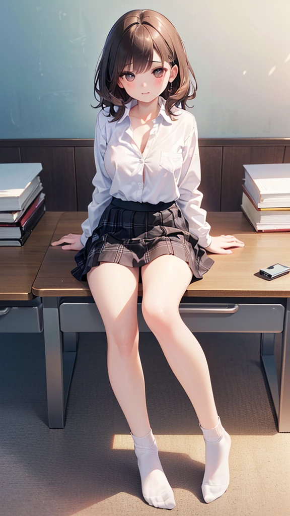 ultra - detailed, A high resolution, (actual, realistically: 1.4), 8K, RAW photos, (On a table), (Best quality), physically-based renderingt, college girl, Long brown hair, Korea, sea beach, unbutton your socks,look at them_The white_The shirt