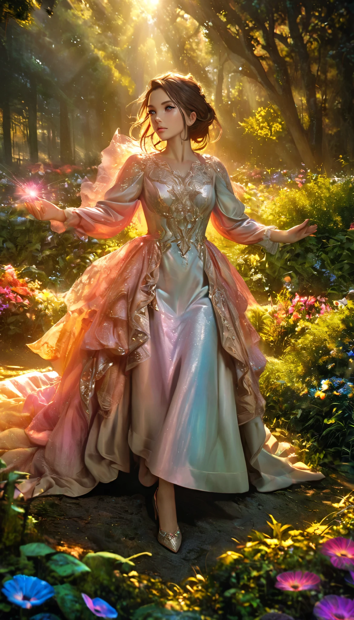 Beautiful Forest Dawn , idyllic, magic, majestic, Spectacular Lighting , 8k, 1 girl, detailed face, detail eyes, detailed lips, Long Lashes, Beautiful Dress , gentle expression, Bushes green, Colorful Flowers, sun rays , photorealistic, like the movie, Warm colors, Dramatic Lighting, complex details