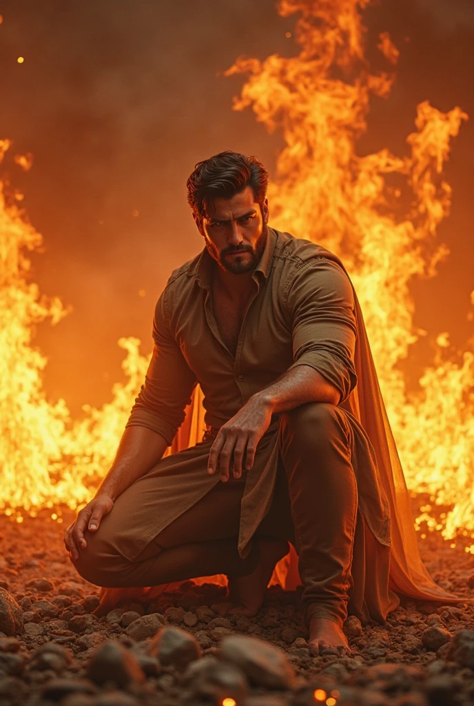 a 35 years old man who has a face of a monkey, has a long tail as a monkey, proper eyes, An Indian god, Lord Hanuman, face of a monkey , moderate stature, has a big tail, Fire on the background, strongly built, broad-chested, narrow-waisted, and long-armed, big golden sword in his hand, in a dark forest (Professional 3D rendering:1.3) by (Realistic:1.3) World's most beautiful art picture, Features soft, dark complexation male heroes , hindu god, indian god, ((Epic hindu god , lord Hanuman, fantasy rough muscular man wet hero angry look long hair long slightly white beard and fierce expression in dynamic pose, wearing a orange robe, inside a jungle, burning lights in the background, majestic environment)), full body 8k unit render, action shot, skin pores, very dark lighting, heavy shading, detailed, Detailed face, (vibrant, photorealistic, Realistic , Dramatic, Dark, sharp focus, 8k), (orange cloths with heavy jewelry r:1.4), (intricate:1.4), decayed, (highly detailed:1.4), painting digital, rendering by octane, art stations, Concept-Art, smooth, sharp focus, illustration, germ of art, (Loish:0.23), Wlop Ilya Kuvshinov, and Greg Rutkowski and Alphonse Mucha Gracias, (global illumination, studiolight, Light Volumetric ), heavy rain, floating particles, scoundrel, fantasy, Eleven, full bodyesbian, ((Dark old city background:1.3)),CGSesociedade,art stations