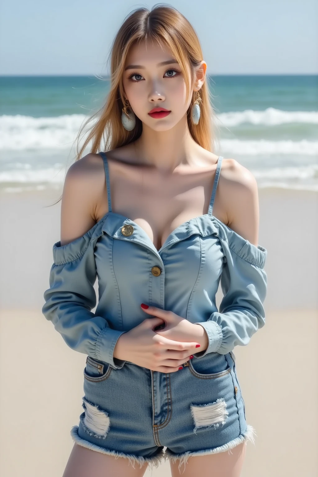 ((Highest quality, 8K, masterpiece :1.3)), Sharp focus :1.2, Beautiful woman with perfect figure :1.4, Slim Abs :1.2, ((Big Breasts, Accentuate your cleavage:1.3)), (PhotoRealistic:1.4), (Realistic:1.4), Highly detailed face and skin texture, fine grain, double eyelid. Makeup Face. A little bit of lipstick, necklace, Earrings, Sex Appeal, Sexy fiery pose, (A woman wearing a white crop top and denim shorts、She is posing for photos on the beach, smiling happily and making sexy poses.。Beautiful blonde wavy hair。:1.3)