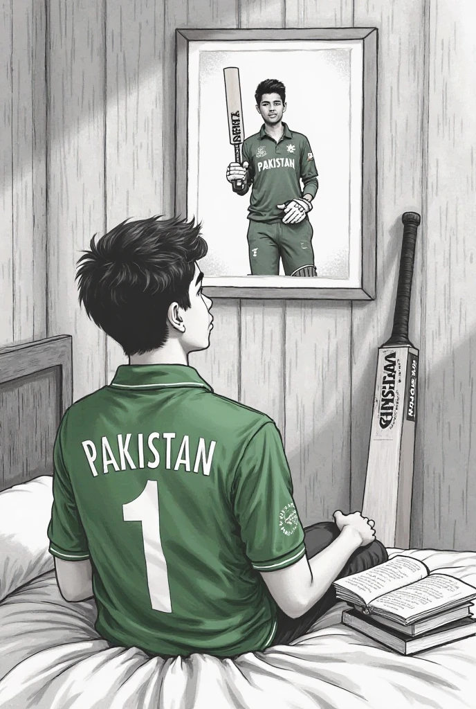 A teenager boy holding gun and books with CSS written on it.He is looking confused.He is a south Asian boy with little mustache and short hair.Keep his hair very short.Realistic gun and book with CSS written on it along with Pakistan flag