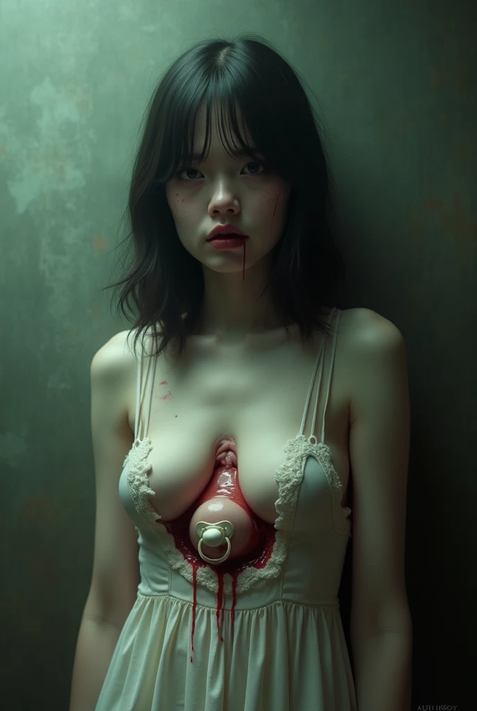 Highest quality, masterpiece, look up, cute,(Horror),(((Female beautiful zombie))),Dead,(((Bleeding,Injured))),(((Shedding tears of blood))),(Covered in blood),(Sexy),(sexy),(Pregnant women),((Completely naked)),Baby Face,Black Hair,(((Large breasts))),((Masturbation)),Beautiful Style,((Pale skin)),Sensual look,Embarrassed,Sexy表情,Expressions of delight,(Dark atmosphere,fear),((Dim lighting))