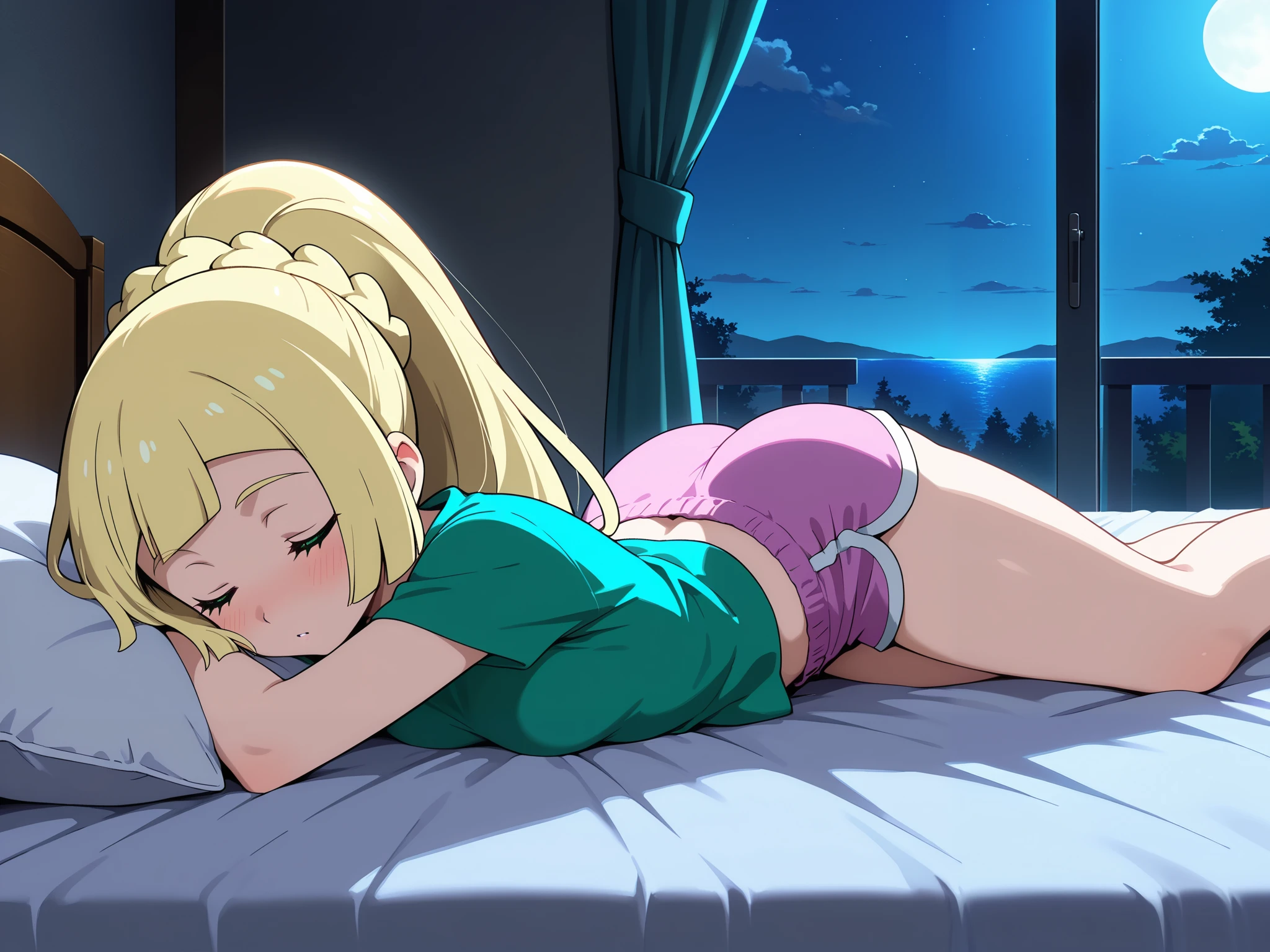 high resolution picture, masterpiece, best quality, amazing quality, , anime screencap , solo, 1girl,  lillie from pokemon, 1girl, aalillie, long hair, blonde hair, french braid, ponytail, green eyes, small breasts, curvy, petite                      BREAK (curvy),        bedroom, sleeping, lying on bed,  green shirt, , (nicely accentuated ass),  night light, cute dolphin shorts