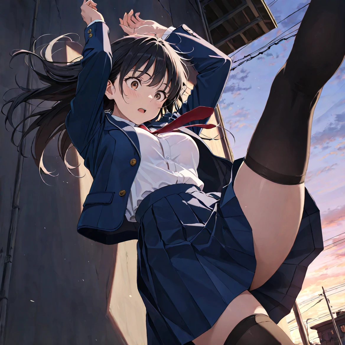 masterpiece:1.2, best quality), (highly detailed:1.3), 1girl, from below, from behind, solo, school uniform, sky, cloud, black hair, wind lifting skirt, striped panties, skirt, sailor collar, looking at viewer, long hair, building, stormy clouds, blue sky, power lines, shirt, cityscape, scenery, city, , closed mouth, black skirt, medium hair, WindyUpskirt