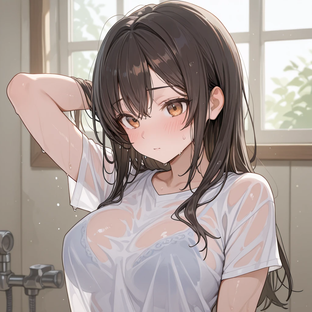 Highest quality, Super detailed, masterpiece, Ultra-high resolution, 8K, Embarrassing, blush, Lovely, Close one eye, With tears in her eyes and her mouth open, drooling, (arms behind head), wariza, (off-shoulder white shirt, micro mini skirt), cleavage out, crop top navel, 1girl, satono diamond \(umamusume\), umamusume, medium breasts, Absolute area, Waistline, (Shower room, I take a shower)