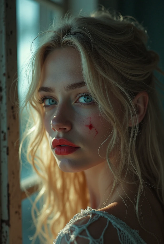 Human aged around 35 years, hair blonde, with yellow pupils, with a necklace of red feathers that look like flames around her neck, Square face, with realistic appearance and with a cut scar on his cheek on the left side