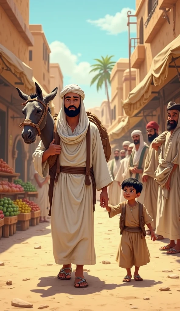 A Muslim man was walking through a village with his son and his wife on horseback