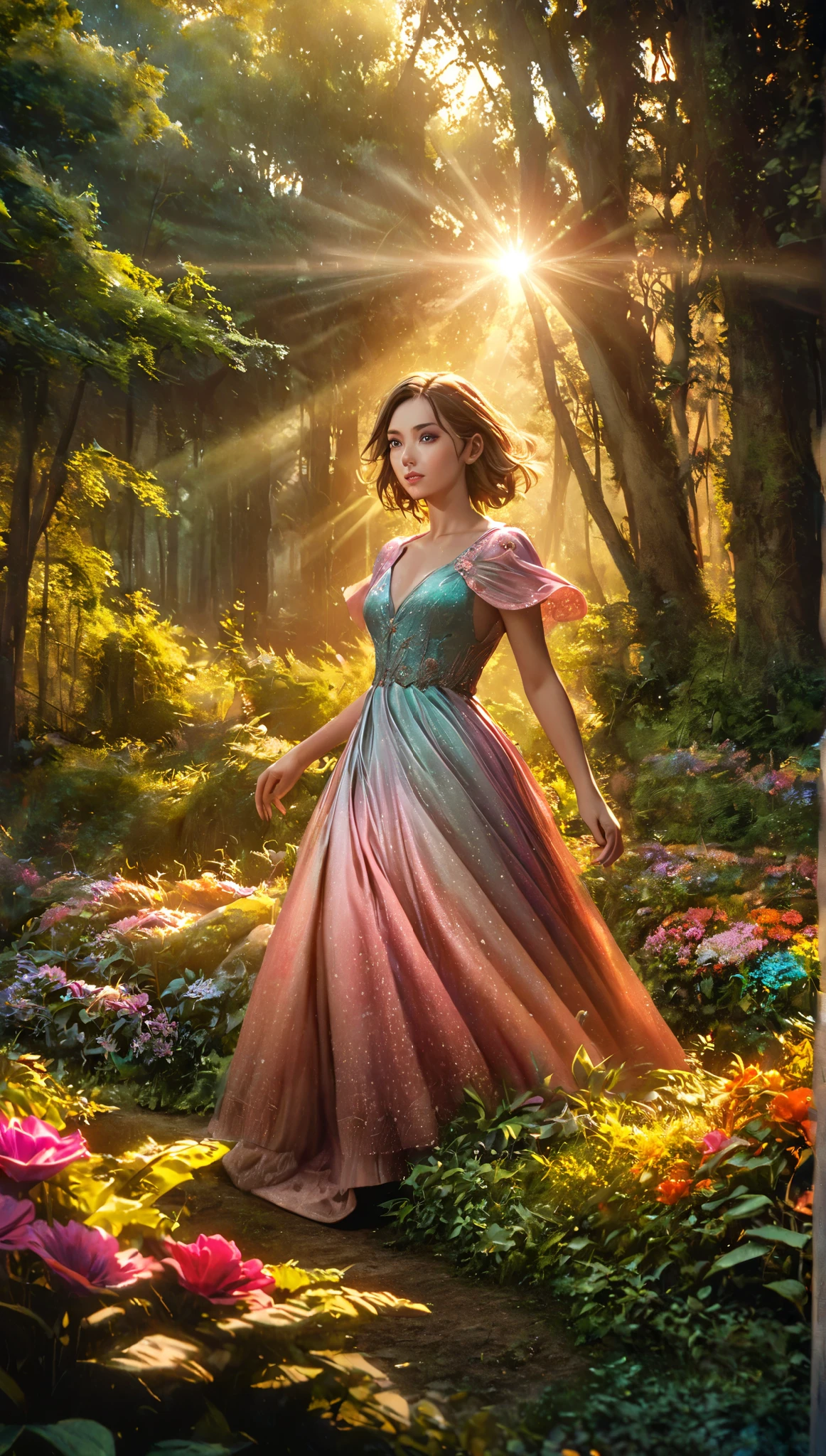 Beautiful Forest Dawn , idyllic, magic, majestic, Spectacular Lighting , 8k, 1 girl, detailed face, detail eyes, detailed lips, Long Lashes, Beautiful Dress , gentle expression, Bushes green, Colorful Flowers, sun rays , photorealistic, like the movie, Warm colors, Dramatic Lighting, complex details
