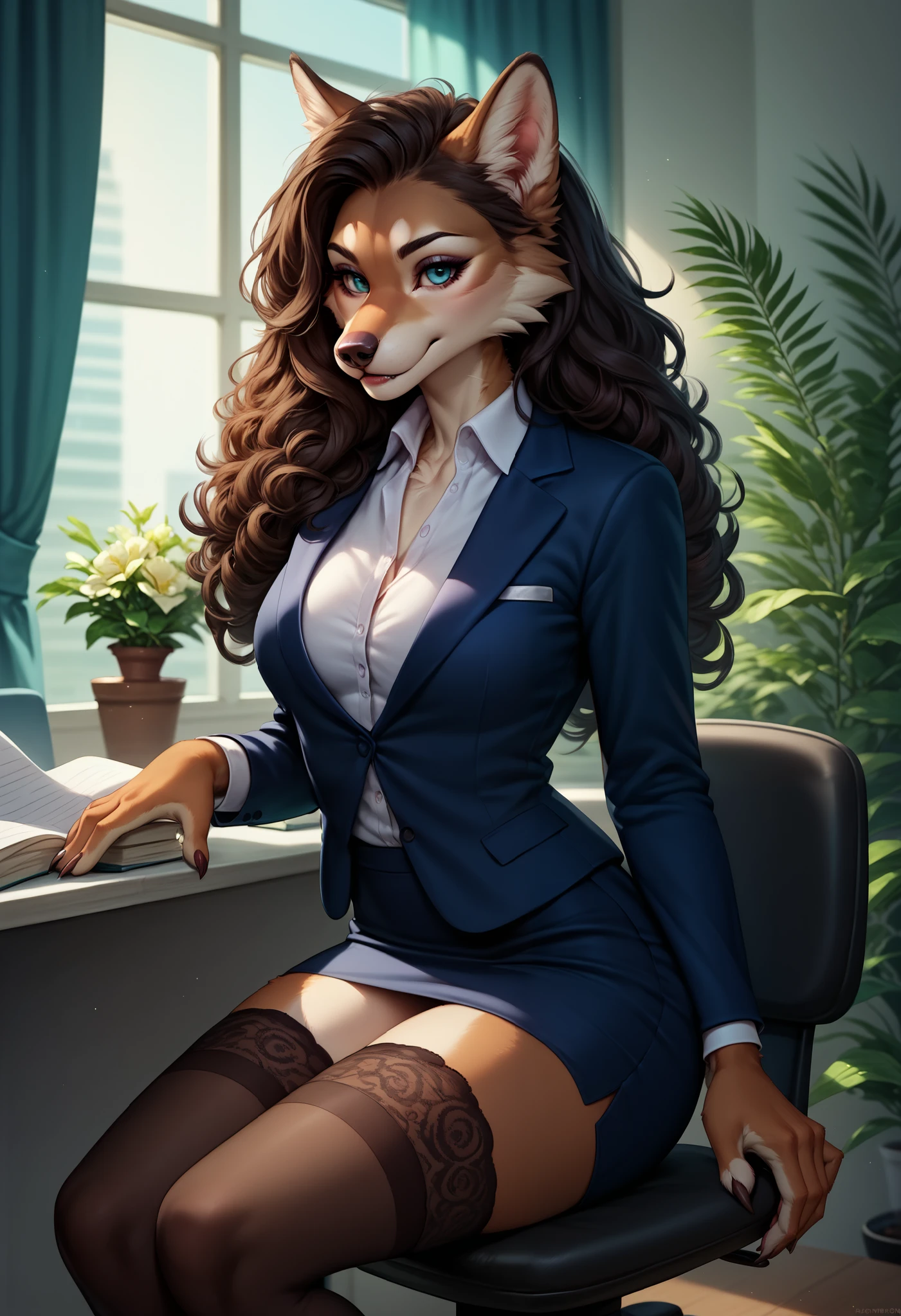 Furry, female wolf, Wolf, beautiful, curly hair, formal suit, office skirt, stockings, sits in an office chair, director, solo, One, view slightly in profile