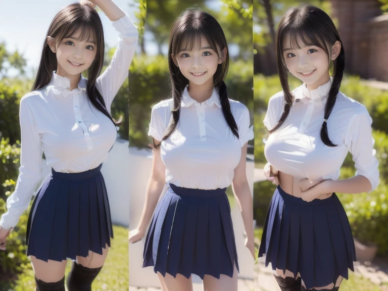 ニコンRAW Photos、8k yen、Fujifilm XT3、masterpiece、highest quality、Genuine、Realistic、４人の美人high school girlが並んでいる,Full body image (head band、Line up in front of the station、Very detailedな, masterpiece, highest quality, Very detailed),(RAW Photos、highest quality)、(Genuineistic、Realistic:1.3), Cinematic Light, 超A high resolution, In the classroom、belly button、high school girl、uniform、Blue Check Mini Skirt、Particles of light, Detailed skin texture, Detailed face, Cute face、Beautiful Face、Glowing Skin、Beautiful black hair、 Shortcuts、ponytail、Middle Bob、Twin tails、（Various panties、Nipples、Various bras、pink、Light blue、white、slender、blush、smile、
