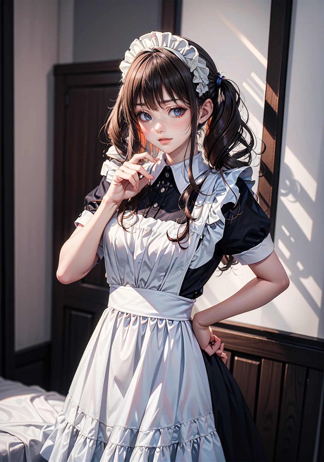 Innocence, Dark green hair, Twin tails, Put your arms behind your back, White Dress, Black waist tie, girl,blue eyes,