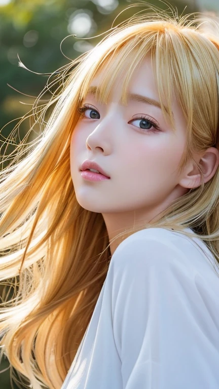masterpiece, best quality, elegant, beautiful eyes, cute face, gorgeous face, perfect body,
medium hair, wavy hair, side ponytail, blonde hair, green eyes, white dress, medium breasts, narrow waist, glitter,
dynamic pose, depth of field, close-up, outdoors, wind, cherry blossoms,